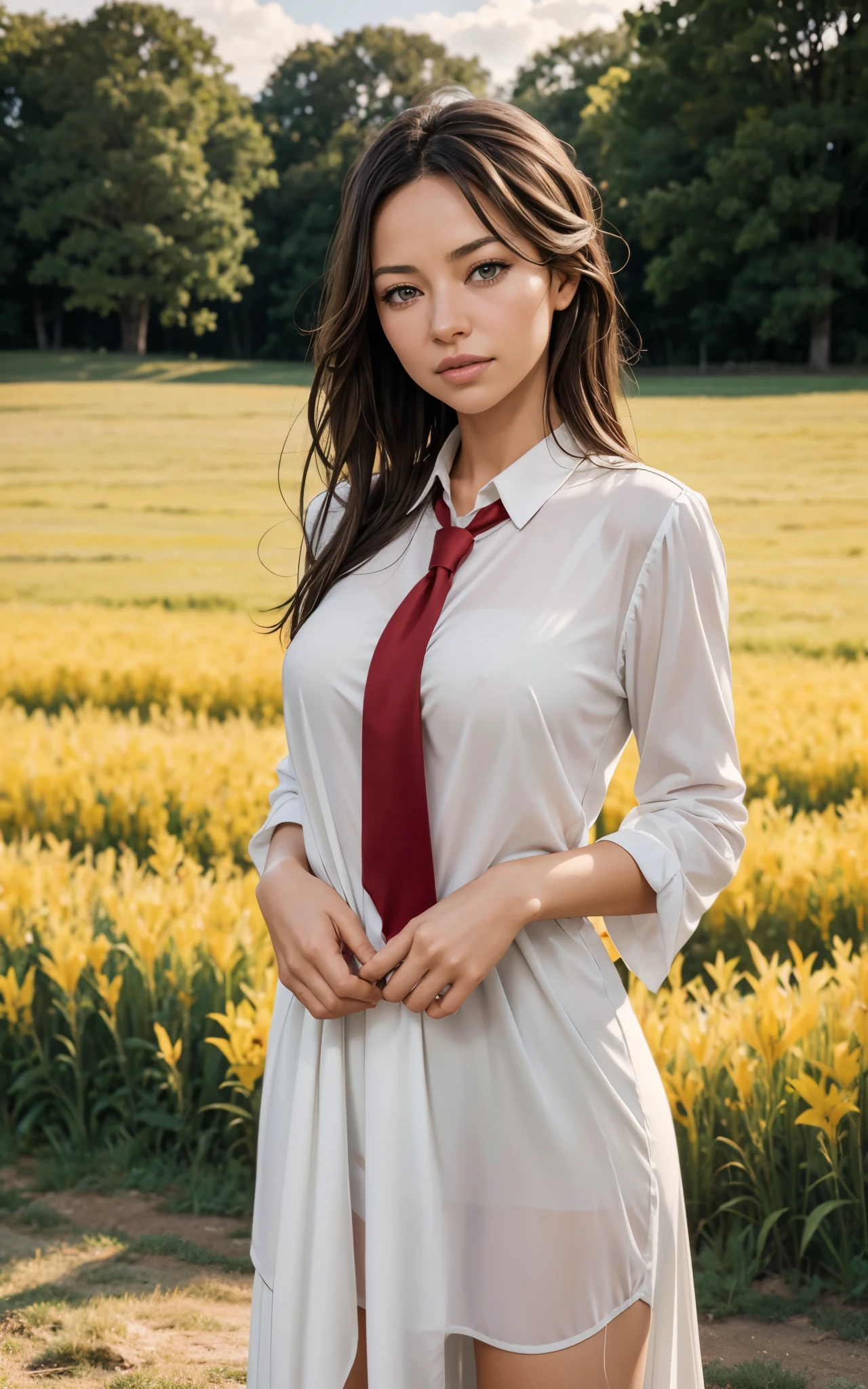 (Irina Shayk:Evangeline Lilly) there is a woman with a red tie standing in a field, soft portrait shot 8 k, a young asian woman, shot on canon eos r5, shot on canon eos r 5, taken with canon eos 5 d mark iv, portrait shot 8 k, taken with canon 5d mk4, taken with sony alpha 9, portrait of a japanese teen (Nsfw)