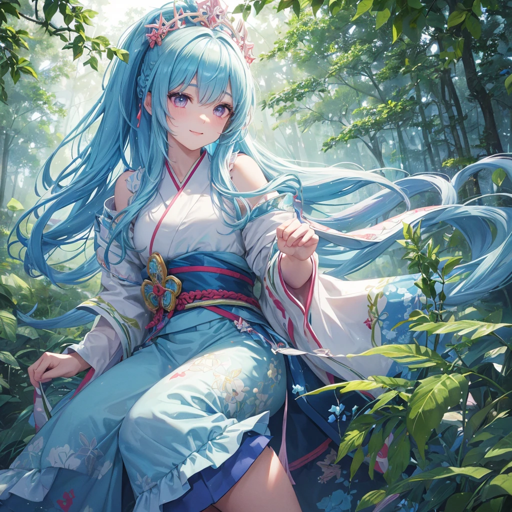 sky Blue hair, (braided ponytail),(pink eyes),fair skin ,(full body),1 girl,smile,white red kimono,Fresh green forest,Forest Goddess,Straight Bangs,(masterpiece, best quality, ultra-detailed, best shadow), (detailed background), (beautiful detailed face), high contrast, (best illumination, an extremely delicate and beautiful), ((cinematic light)), colorful, hyper detail, dramatic light, intricate details,guardian of the forest,Leaf Blizzard,high quality,