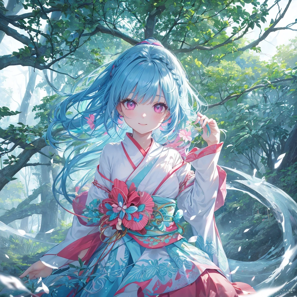 sky Blue hair, (braided ponytail),(pink eyes),fair skin ,(full body),1 girl,smile,white red kimono,Fresh green forest,Forest Goddess,Straight Bangs,(masterpiece, best quality, ultra-detailed, best shadow), (detailed background), (beautiful detailed face), high contrast, (best illumination, an extremely delicate and beautiful), ((cinematic light)), colorful, hyper detail, dramatic light, intricate details,guardian of the forest,Leaf Blizzard,high quality,