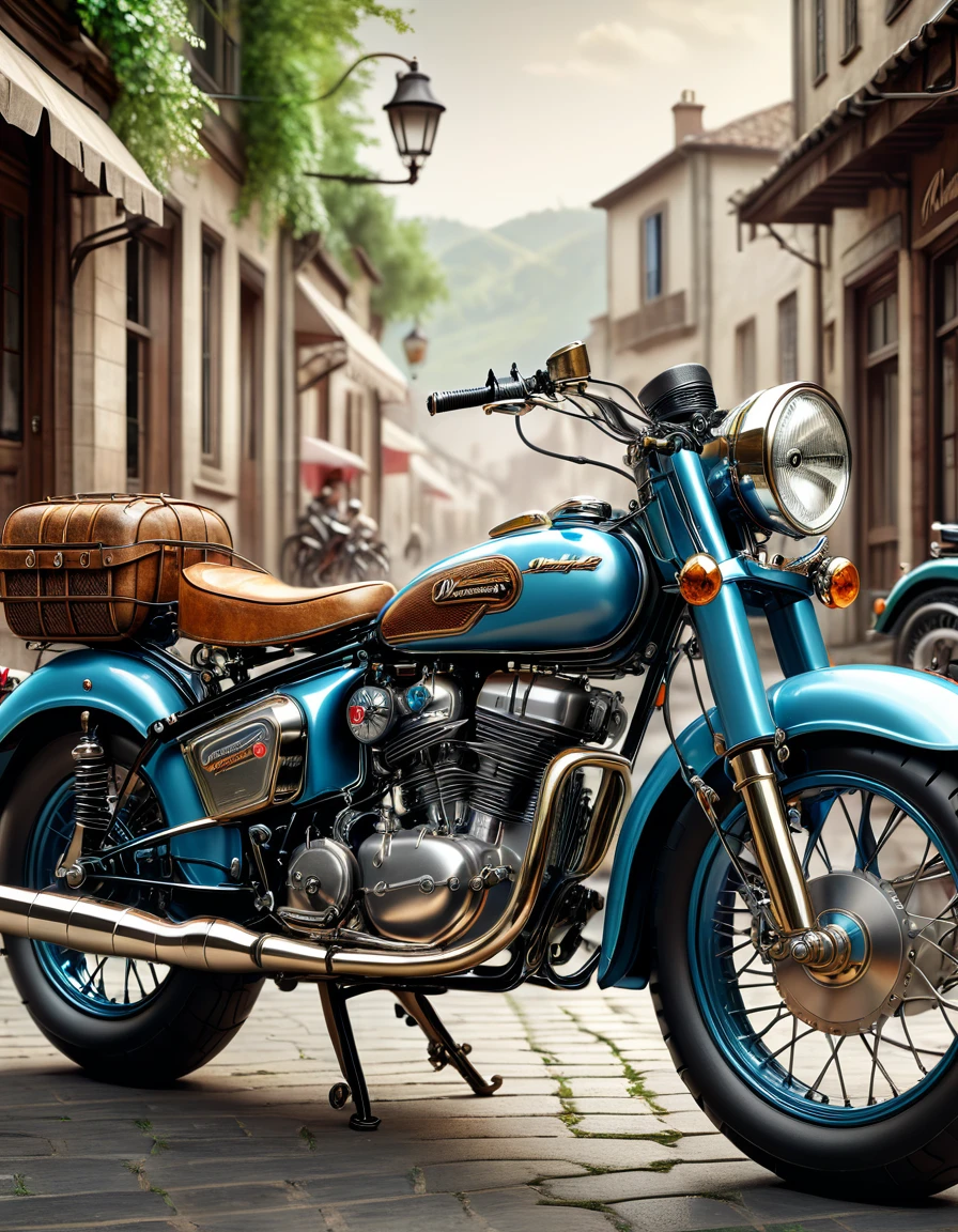 3D Rendering,Vintage motorcycles,masterpiece, Very detailed, Realistic original photos, Best quality, Extremely delicate texture, High-quality works by art masters,panoramic