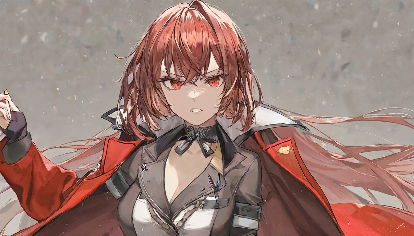 chromatic aberration, 1girl, young woman, solo, long hair, big hair, (forehead:1.13), (round sunglasses:1.2), yellow eyes, (scarlet red hair), medium breasts, grin, (overcoat, black coat, open coat:1.2), white shirt, collared shirt, (chest harness, shoulder strap:1.15), black leather shorts, garter belt, gloves, elegant, looking at viewer, standing, (close-up:1.3), face only, cowboy shot, masterpiece, best quality, 4k