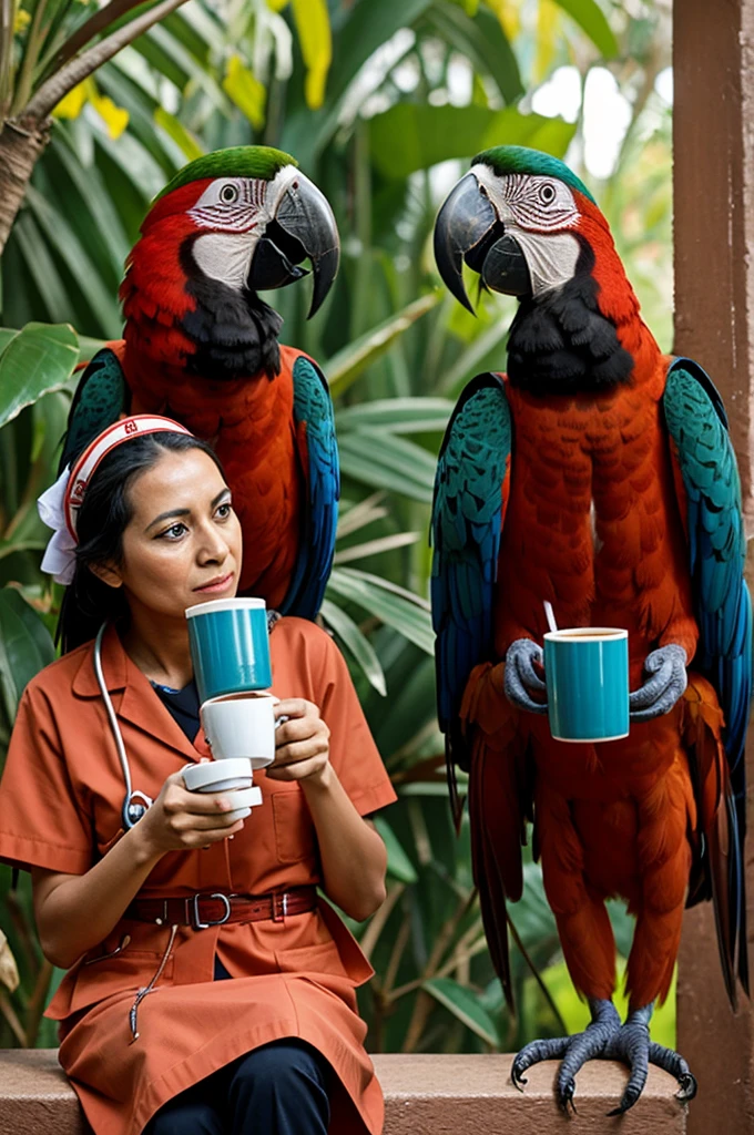Macaws dressed as IMSS nurses drinking coffee