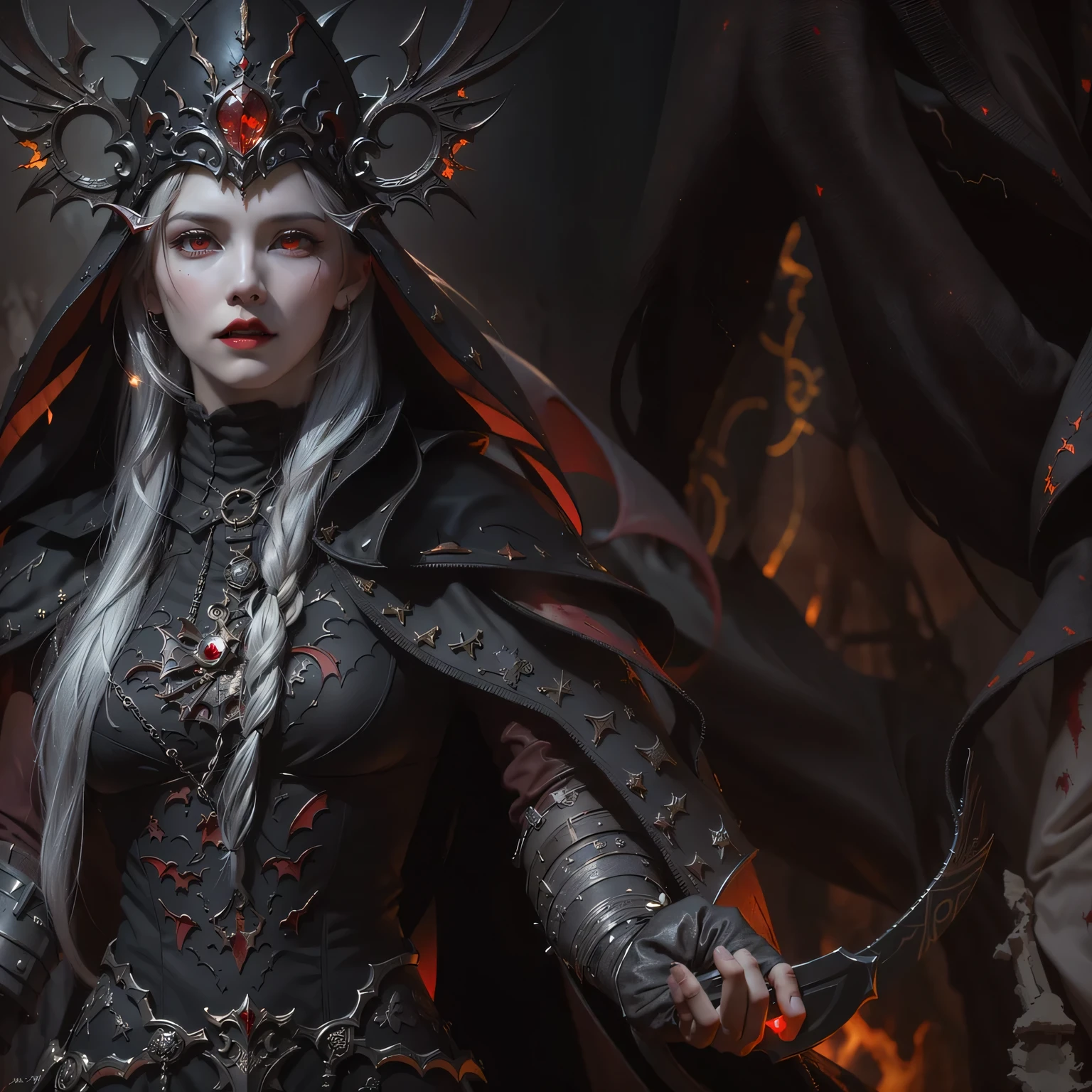 White woman, long hair, fine features, thin hands, pink mouth and fair skin, enigmatic look and wizard look, sitting on a throne with demonic features and affections, horns, red witch clothes and pre-being sitting on a throne like an empress of hell --auto