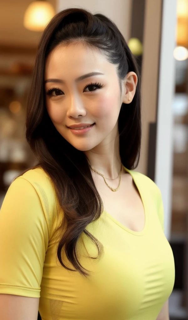 a close up of a woman in a short skirt posing for a picture, wearing tight shirt, tight shirt, wearing tight simple clothes, tight dress, thick neck, sexy dress, wearing a cute top, yellow top, skintight dress, tight attire, upper body close up, very attractive and beautiful, japanese model, close up half body shot, cleavage