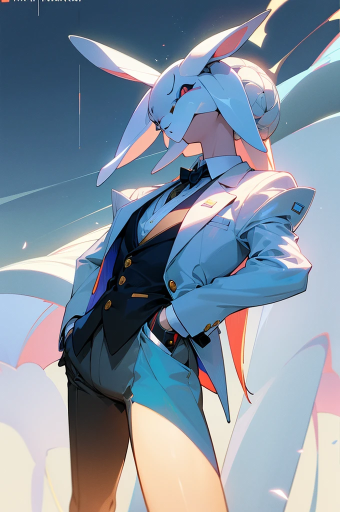 (Rabbit in luxury business suit、Upright rabbit、Humanoid rabbit、、Full body photo、Rabbit in a pose、Cool anthropomorphic rabbit)、masterpiece, top-quality, in 8K , intricate detailes, ultra-detailliert , light Particle、32K Digital Paint, Hyper-Realism, Abstract background:1.3, colourfull:1. 3, Zentangle:1.2、upper body only