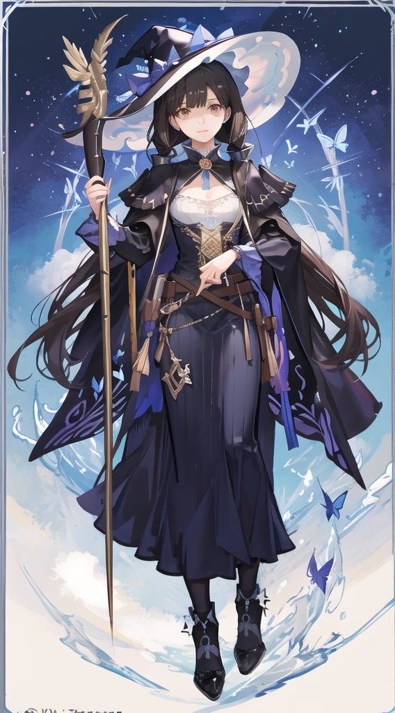 colorful butterfly,girl,full body,witch hat,(detailed face:1.2), Tarot border,The portrait is centered,(no weapon),, medium hair, black hair, twintails, blunt bangs, brown eyes,