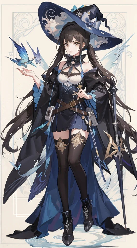 colorful butterfly,girl,full body,witch hat,(detailed face:1.2), Tarot border,The portrait is centered,(no weapon),, medium hair, black hair, twintails, blunt bangs, brown eyes,