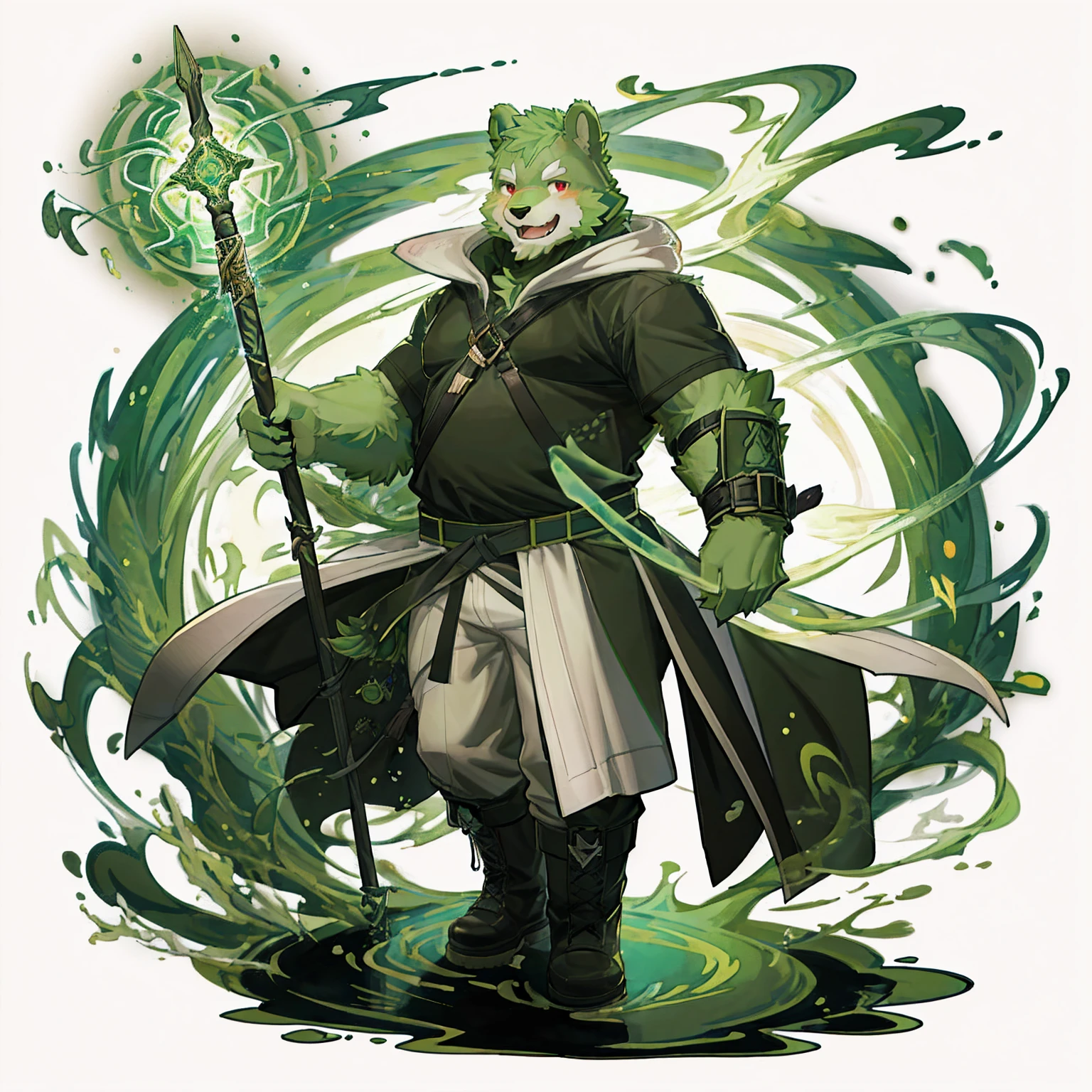 anthro, kemono, male, solo, (((green bear))), (((green fur))), green hair, red eyes, beard, white eyebrows, sexy, blush, wink, white background, mage staff, magic, (black t-shirt inside), (((white unhooded long coat ))), gray trousers, military boots, full body, splash art,