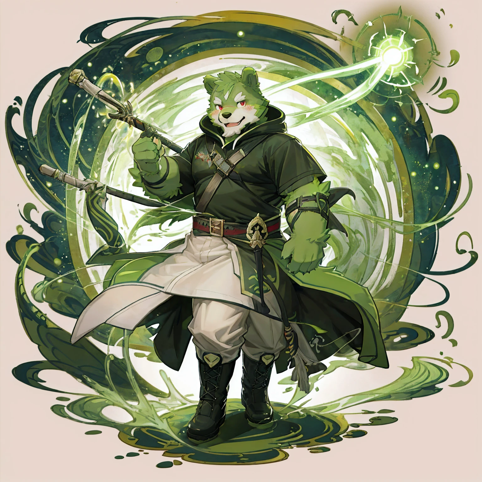 anthro, kemono, male, solo, (((green bear))), (((green fur))), green hair, red eyes, beard, white eyebrows, sexy, blush, wink, white background, mage staff, magic, (black t-shirt inside), (((white unhooded long coat ))), gray trousers, military boots, full body, splash art,