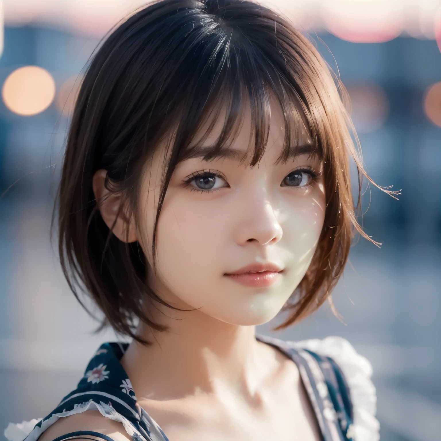 8K、Beautiful  girl,Rembrandt Lighting,(Photorealistic:1.2), (Highest quality), (Detailed skin:1.3), (Intricate details), Ray Tracing,１People Girls, In detail,real，RAW Photos & Realistic atmosphere,、,Detailed lips、Beautiful, shining lips, Detailed face、 Japanese Girls, Baby Face, rt、Strong winds (Highest quality,masterpiece:1.3,Ultra-high resolution),(Very detailed,Caustics,8K),(Realistic:1.4,RAW shooting), In detail,real，Pop Idol,Scattered beneath the surface,(blush:0.5), Detailed skin texture,Japanese,cute,Black and short hair,Looking at the camera,Collarbone Bare Skin,Shoulder Bare Skin,(Face Focus:1.1),(Face close-up:1.1),Sunset,Natural light