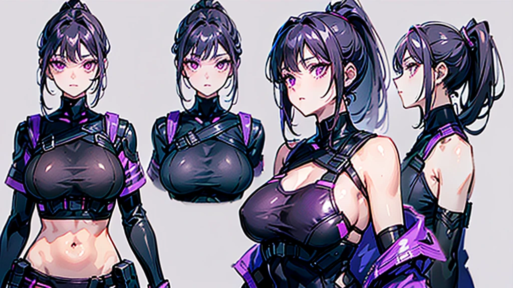 reference sheet, model sheet,(multiple views, [from behind|from side|from front|close-up|upper body|portrait]:1.2),One girl,human, Dark hair with purple strands, Ponytail, purple eyes, black outfit,wearing bulletproof vest,beautiful, masterpiece, best quality, perfect lighting,8k,clean. 