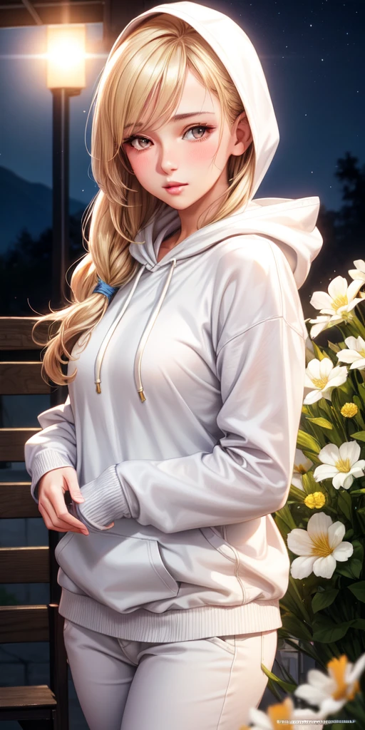 realistic, 1woman, blond hair, brown eyes, glowing eyes, white hoodie, pant, parted lips, blush, night, flowers, sun, sunlight, mature woman in her twenties 