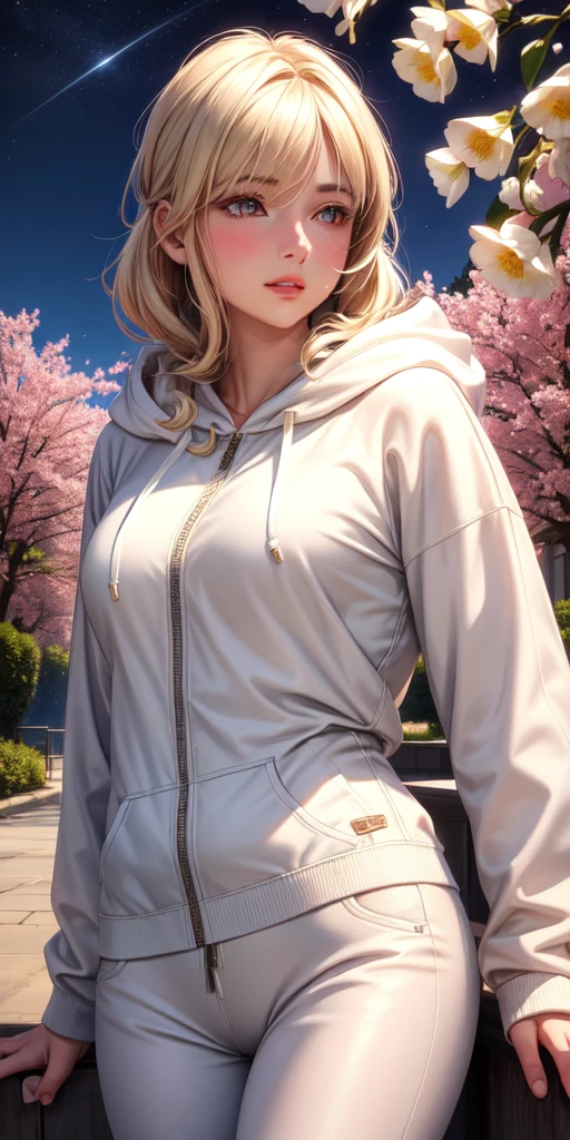 realistic, 1woman, blond hair, brown eyes, glowing eyes, white hoodie, pant, parted lips, blush, night, flowers, sun, sunlight, mature woman in her twenties 