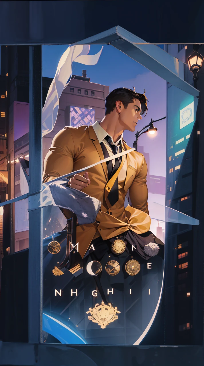 (absurdres, highres, ultra detailed, realistic, ), 1 male, solo, adult, mature, tall muscular guy, broad shoulders, handsome, very short hair, black hair, brown eyes, angular jaw, thick neck, thick eyebrows, night, dark, the night view of the city background, formal suit, necktie, upper body