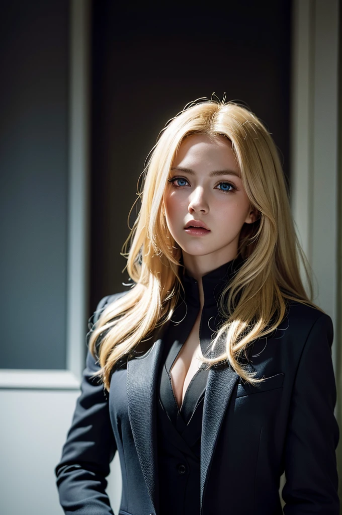 Best quality, masterpiece, ultra high res, (photorealistic:1.4), raw photo, 1girl, blonde hair, blue eyes, detailed eyes and face, black suit, dynamic lighting, in the dark, deep shadow, low key, cowboy shot full-lenght body