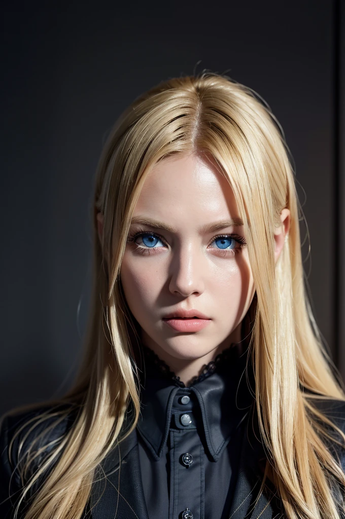 Best quality, masterpiece, ultra high res, (photorealistic:1.4), raw photo, 1girl, blonde hair, blue eyes, detailed eyes and face, black suit, dynamic lighting, in the dark, deep shadow, low key, cowboy shot full-lenght body