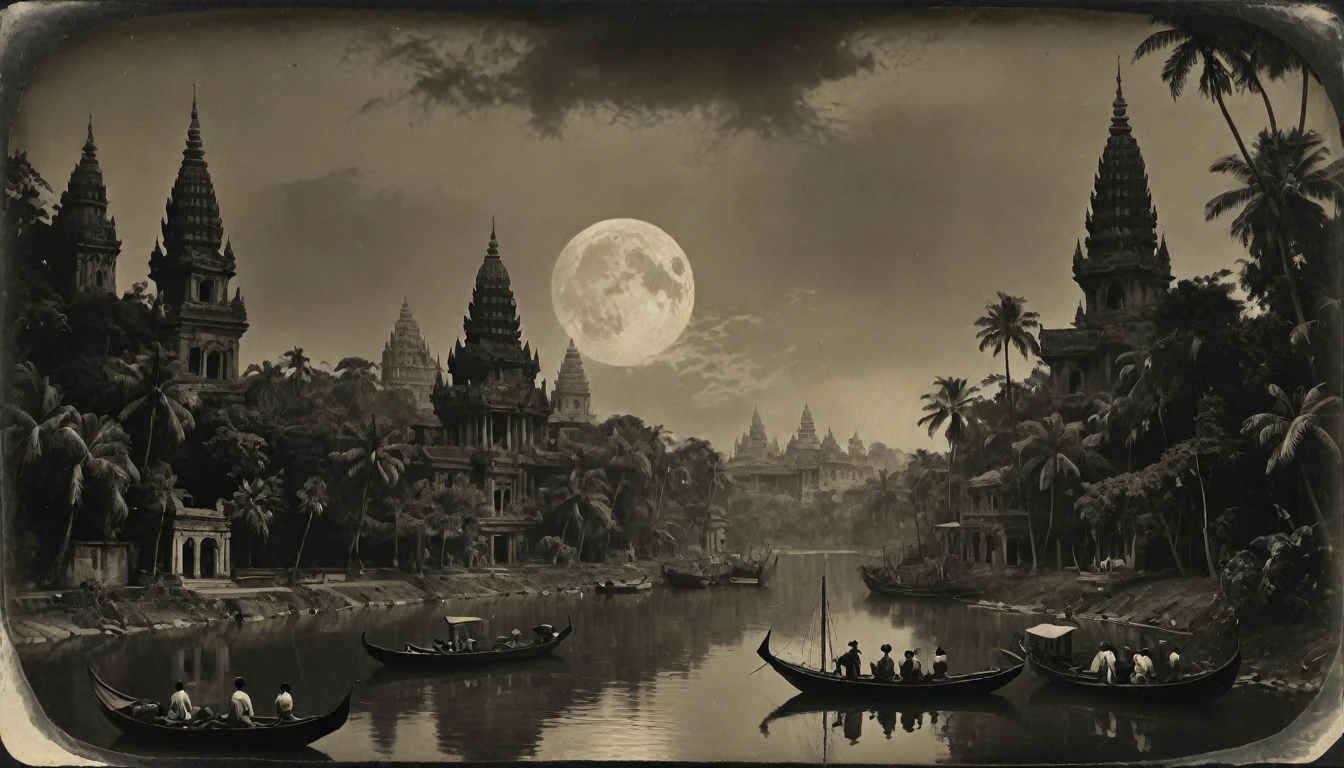 {{monochrome daguerreotype on old paper}}, the composition is: (((dramatic, colossal, aerial, night view of a tropical, high towered metropolis with Roman, Mughal, Khmer and Baroque elements, made of marble elements))), ((in a jungle, in a river of lurid waters, with boats, two moons depicted in the skies))