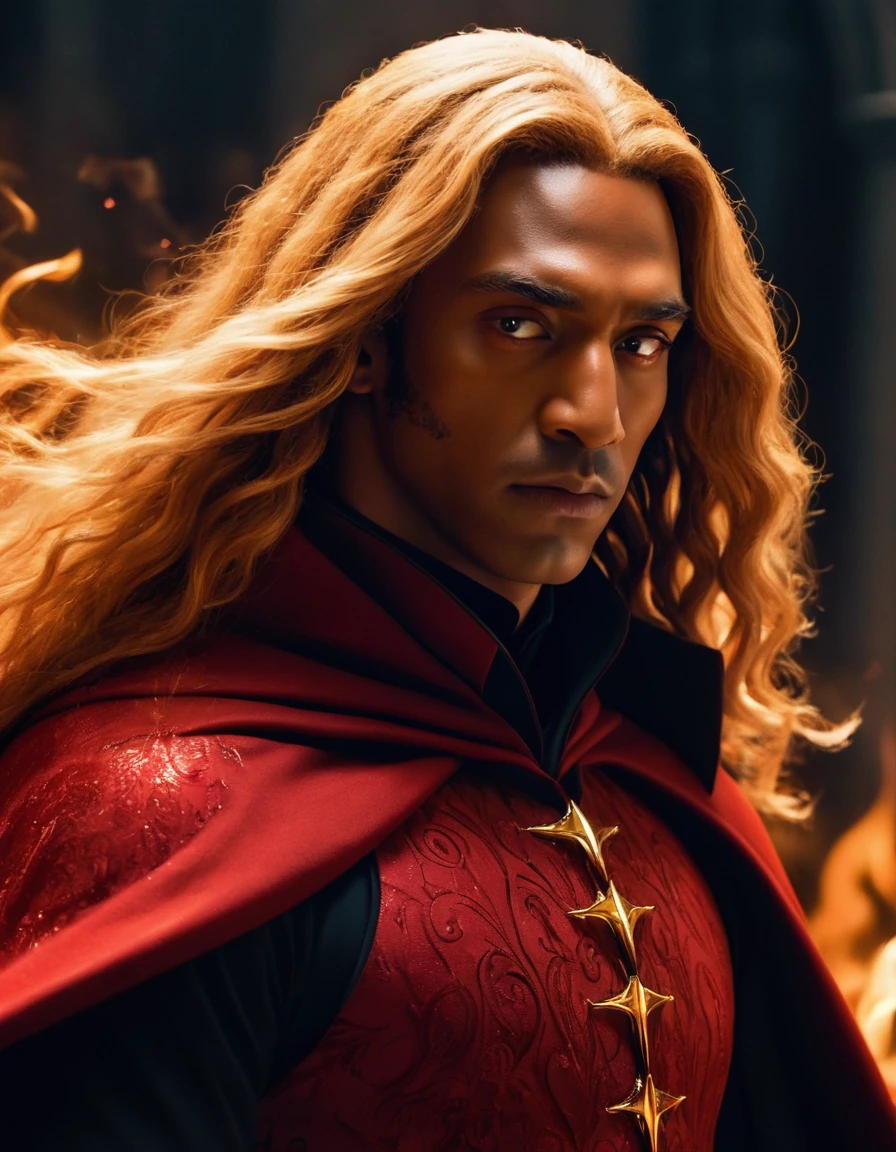 Male Drow, genius, buff, red robes, smiling, fangs, vampire, glowing red eyes, serving delicious meal