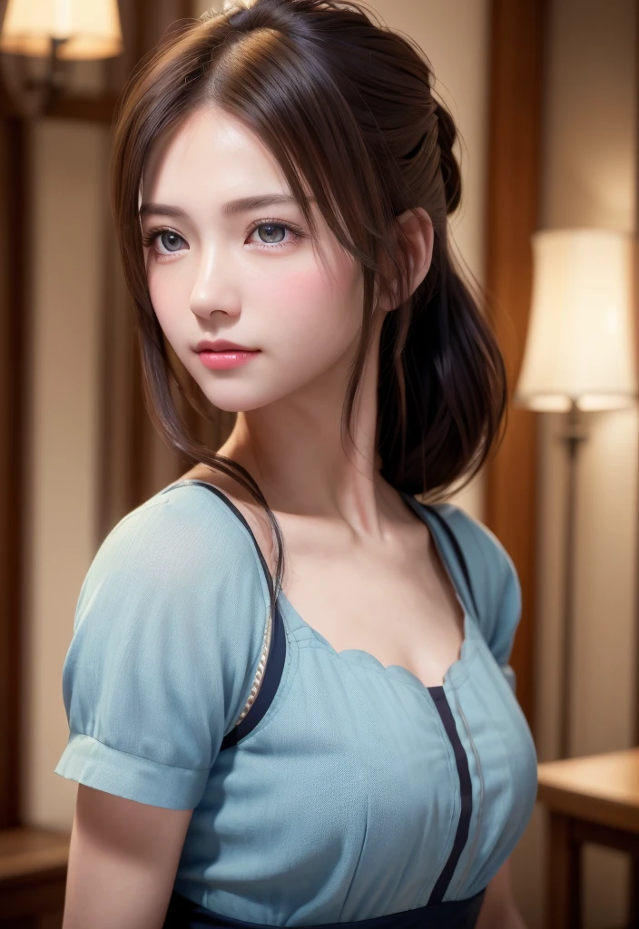 8K, of the highest quality, masutepiece:1.2), (Realistic, Photorealsitic:1.37), of the highest quality, masutepiece, Beautiful young woman, Pensive expression,、A charming、and an inviting look, Cute Maid Clothes, Hair tied back, Cinematic background, Light skin tone