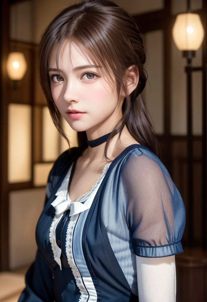 8K, of the highest quality, masutepiece:1.2), (Realistic, Photorealsitic:1.37), of the highest quality, masutepiece, Beautiful young woman, Pensive expression,、A charming、and an inviting look, Cute Maid Clothes, Hair tied back, Cinematic background, Light skin tone