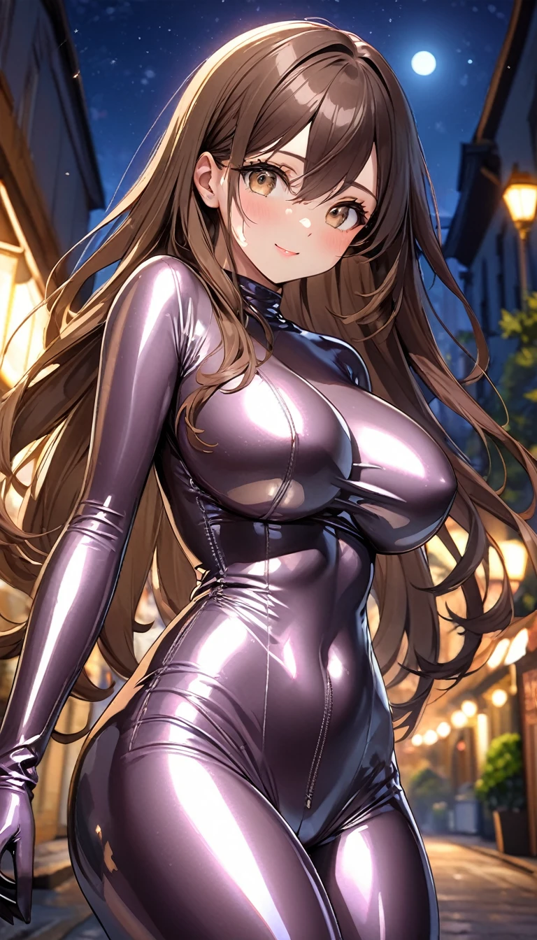 masterpiece, Highest quality, Very detailed, ,Fine details, Anime Style, One Girl, 22 years old, Cute face、middle part, Large Breasts、Big Ass、Tight waist、Long Hair、Beautiful Eyes、Dark brown hair, Shiny Hair, Light brown eyes、full bodysuit, latex, (shiny clothes), outdoors, night, cowboy shot, Dynamic Angle、