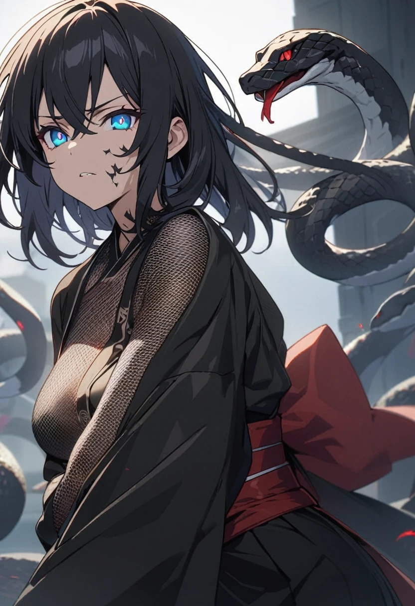 One woman, masterpiece, top quality, fair skin, black hair, yellow on mesh, blue eyes, red pupils, snake, plain white kosode, black haori, black scales all over the body, wearing a red obi, anime