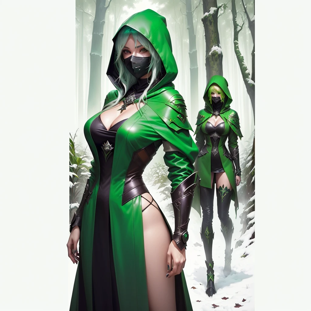 arafed woman with Green hair and Green hood and mask covering face in a forest, portrait of a female warlock, deviantart artstation cgscosiety, steven artgerm lau, artgerm julie bell beeple, alexandra fomina artstation, stanley artgerm lau, trendin on artstation, female mage, very beautiful leather top model