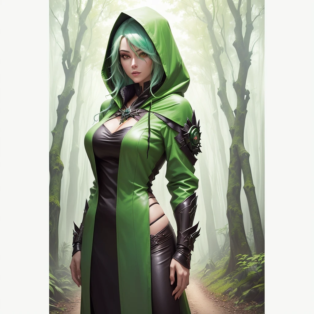 1girl, (solo), long hair, white hair, black little sexy kimono, green eyes, serious, small lips, big breasts, full body, small size, walking, jungle, (night), (very sexy body, detailed face, masterpiece, highly detailed, 8k, best quality, vibrant colors, digital art, concept art)