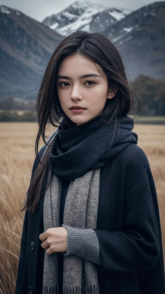 8k, best quality, masterpiece, realistic, ultra detail, photo realistic, Increase quality, 
a photo of a girl standing in a field with a scarf, in the style of dark and brooding designer, voluminous mass, photobash, serene faces, jagged edges, navy, natural beauty, close-up shot
