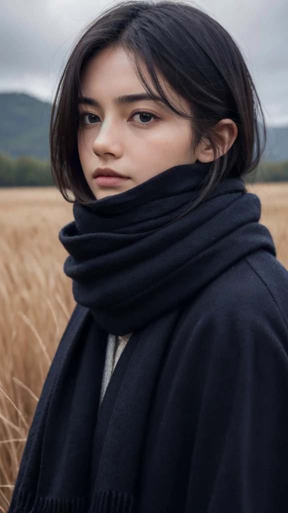 8k, best quality, masterpiece, realistic, ultra detail, photo realistic, Increase quality, 
a photo of a girl standing in a field with a scarf, in the style of dark and brooding designer, voluminous mass, photobash, serene faces, jagged edges, navy, natural beauty, close-up shot
