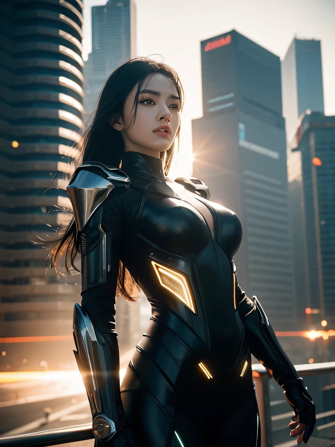 ((best quality)), ((masterpiece)), ((realistic)), (detailed), (photorealistic:1.5), a futuristic girl, (thick body), (white bodysuit), lights on armor, cybernetic headwear, looking at viewer, dynamic pose, post apocalyptic, destroyed city background, buildings on fire, science fiction, hdr, ray tracing, nvidia rtx, super-resolution, unreal 5, subsurface scattering, pbr texturing, post-processing, anisotropic filtering, depth of field, maximum clarity and sharpness, rule of thirds, 8k raw, (luminescent particles:1.4), (extremely detailed cg, unity 8k wallpaper, 3d, cinematic lighting, lens flare), reflections, sharp focus, cyberpunk art, cyberpunk architecture,