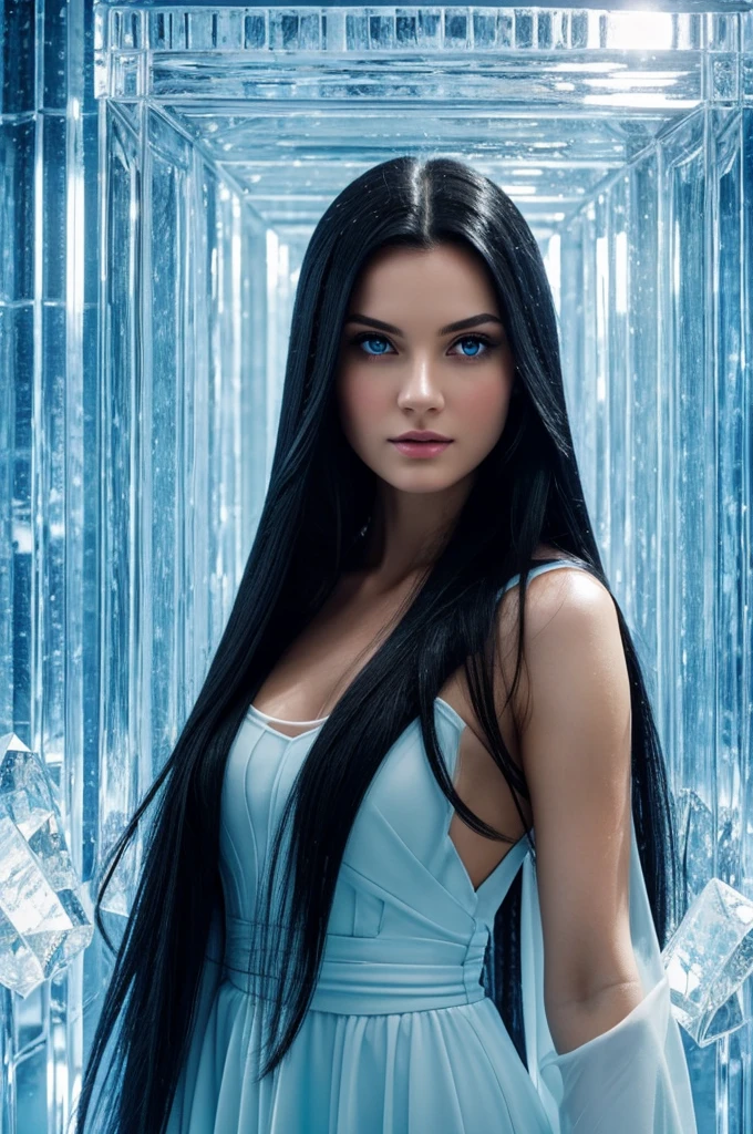 Very beautiful woman with very long black hair, light blue eyes, is in a castle of ice and glass, there are reflections of light in the ice, the woman's hair moves with the wind in her hands, her heart is frozen, she has red lips and a Cold look
