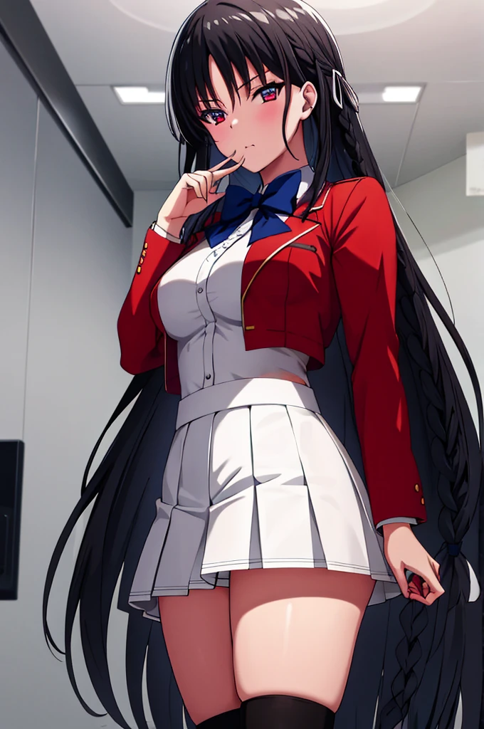 (masterpiece:1.3), (best quality:1.1), (8k, ultra detailed, ultra high res:1.2), (anime style), perfect 5 fingers, perfect anatomy, finger to mouth,
1girl,
Suzune Horikita,
Suzune Horikita \(youjitsu\),
BREAK long hair, braid,
black hair,
red eyes, (focus detailed eyes:1.2),
blue bow,
(medium breasts:0.9),
BREAK red jacket, long sleeves, white skirt, pleated skirt, black thigh-high socks,
looking at viewer,
cowboy shot,
perfect light, indoor, class room,