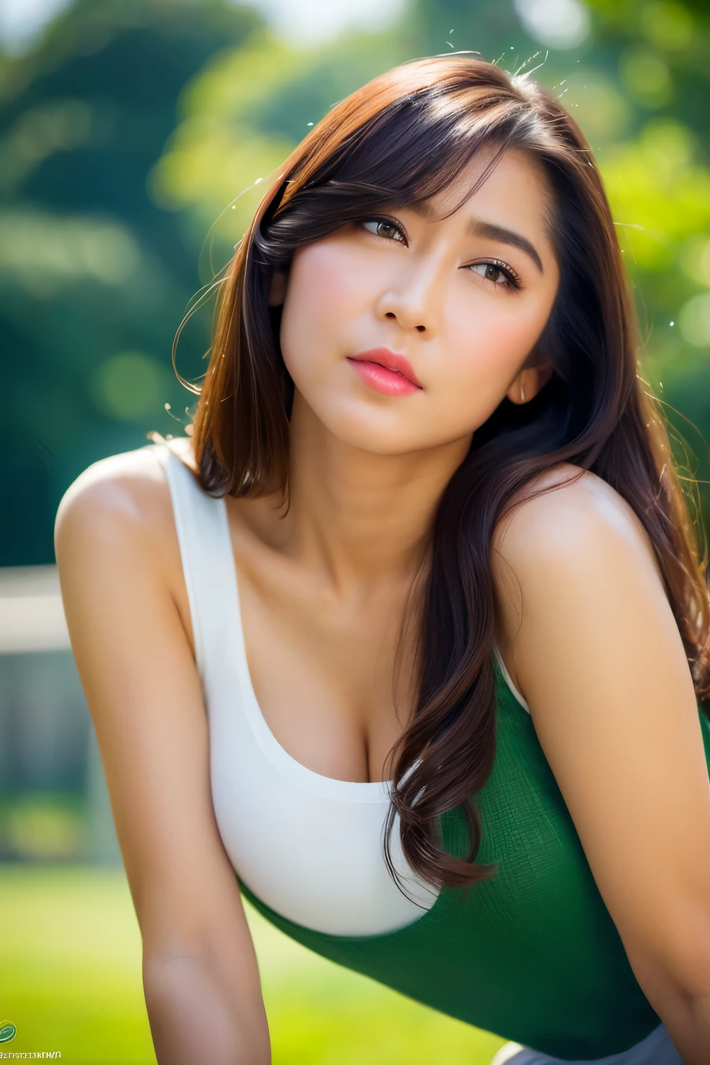 squatting on grass, (pink t-shirt), sleeveless t-shirt, cleavage, navel, white short skirt, looking at camera, front view, long hair, bangs, (detailed face), at backyard, tempting pose, potrait body, mouth closed, black eyes, 1 girl, 20yo,Young female,Beautiful Finger,Beautiful long legs,Beautiful body, Beautiful Nose,Beautiful character design, perfect pants, perfect face,expressive eyes,perfect balance, (looking at viewer), White skin, (masterpiece:1.0),(best_quality:1.0), ultra high res,4K,ultra-detailed, photography, 8K, HDR, highres, absurdres:1.2, Kodak portra 400, film grain, (vibrant_color:1.2),professional photograph, (Beautiful,huge_Breasts:1.4), (beautiful_face:1.5),(narrow_waist)