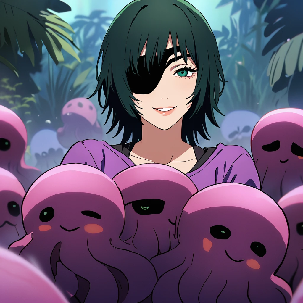 mature female, mature, Adult,((Himeno_CSM)), Himeno(Chainsaw Man), Eye patch, One Girl, solo, Grin, Villain, bad woman, chest, Black Hair, View your audience, short hair, Seductive smile, A woman is dancing around a group of smooth octopuses, dynamic,  (a large number of octopuses entangled in the body), (lots of octopus), (My chest is being massaged by an octopuses), holding octopuses on both hands, closed legs, Raise arms, jungle Background, at Night, Purple leotard, sweet, Steam, dripping, Dark atmosphere, masterpiece, Top animation quality，Top image quality,