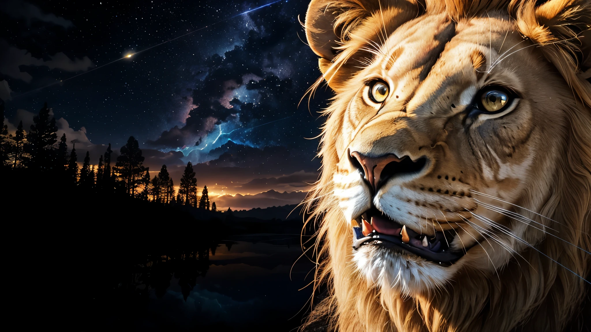 Lion, Divine Lion, naturals, Thunders, Realistic Lion, rey, realistic detailed, Sunset Light, Sky, Night Sun, realistic detailed 16K, Eletricidade Detalhada 8K, Texturas realistas de 8K, Cores photorrealistic 8K, fire azul, realistic detailed Fire Bolt, Sky Light Detailed, Power of thunder, Divine realistic, golden crown, golden crown, golden crown, naturey, Linda, Rendering, photorrealistic, UltraHigh definition, 4K, detailed textures, thunder, detailed shadows, detailed colors, neon blue, blue light, lightnings, blue power, naturey Linda, Great Divine, blue light, thunder Azuls, coroa do rey, lightning, Electric Power Screw, detailed contrast, realistic contrast, high resolution, detailed colors, fire, villany, divine creature, 8K, realistic detailed, 16K, 8K, High definition, detailed contrast, realistic contrast, high resolution, detailed colors, fire, villany, divine creature, 8K Realistic Lion Face, realistic detailed, posh,