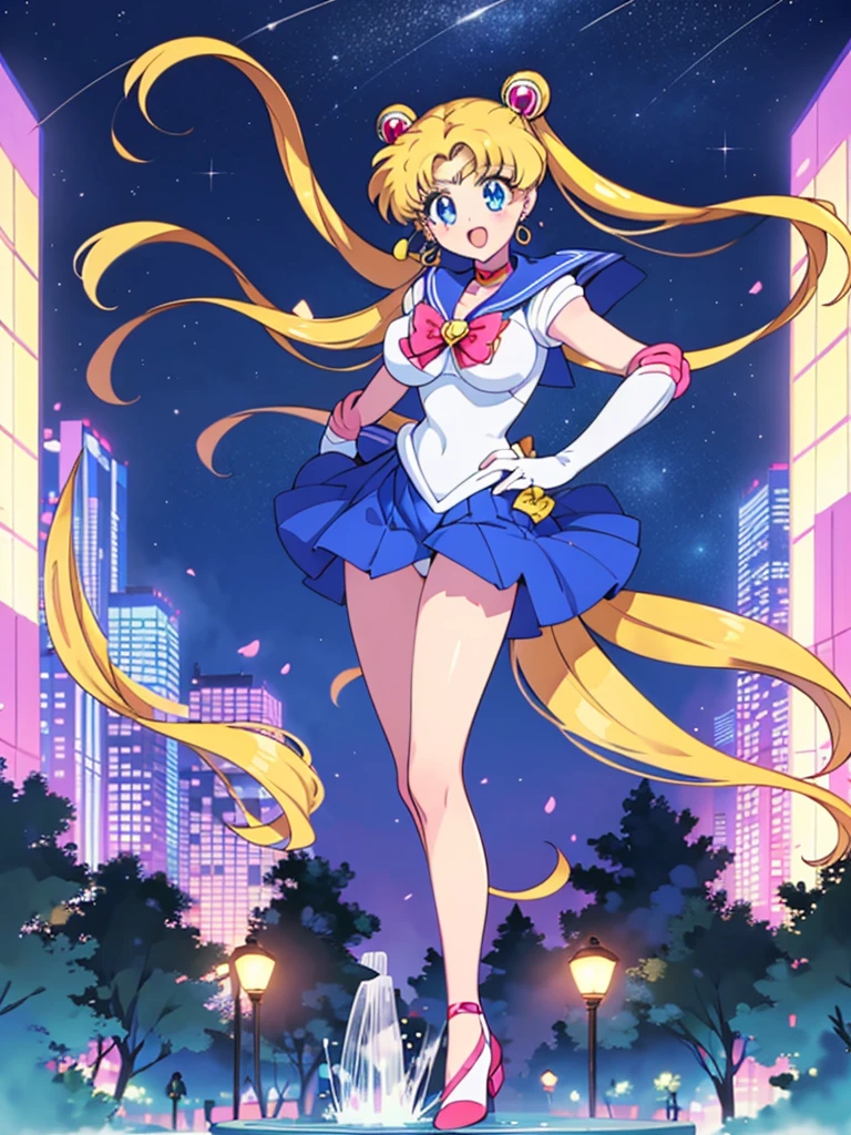 (High quality, 32k anime ultra HD, 1980s /(style/), retro art style, highly detailed, perfect anatomy), ((sailor moon, Tsukino Usagi)), 1 girl, solo, (blonde hair, short hair, pigtails, center parted bangs, hair blowing in the wind), (blue eyes, beautiful, super detailed), slightly open mouth, smiling, cowboy shot, (big boobs:1.3, firm chest, beautiful breasts), thin waist: 1.0, wide hips 1.2, big ass: 1.2, (dancing, fluttering, in the air, legs spread, in front of fountain), looking at viewer, (park background, night, big fountain, lighted street lamp, lamplight), (front view, from below), core_9_up, score_8_up, score_7_up, score_6_up,