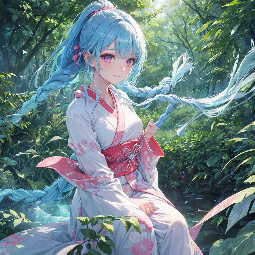 sky Blue hair, (braided ponytail),(pink eyes),fair skin ,(full body),1 girl,smile,white red kimono,Fresh green forest,Forest Goddess,Straight Bangs,(masterpiece, best quality, ultra-detailed, best shadow), (detailed background), (beautiful detailed face), high contrast, (best illumination, an extremely delicate and beautiful), ((cinematic light)), colorful, hyper detail, dramatic light, intricate details,guardian of the forest,Leaf Blizzard,high quality,