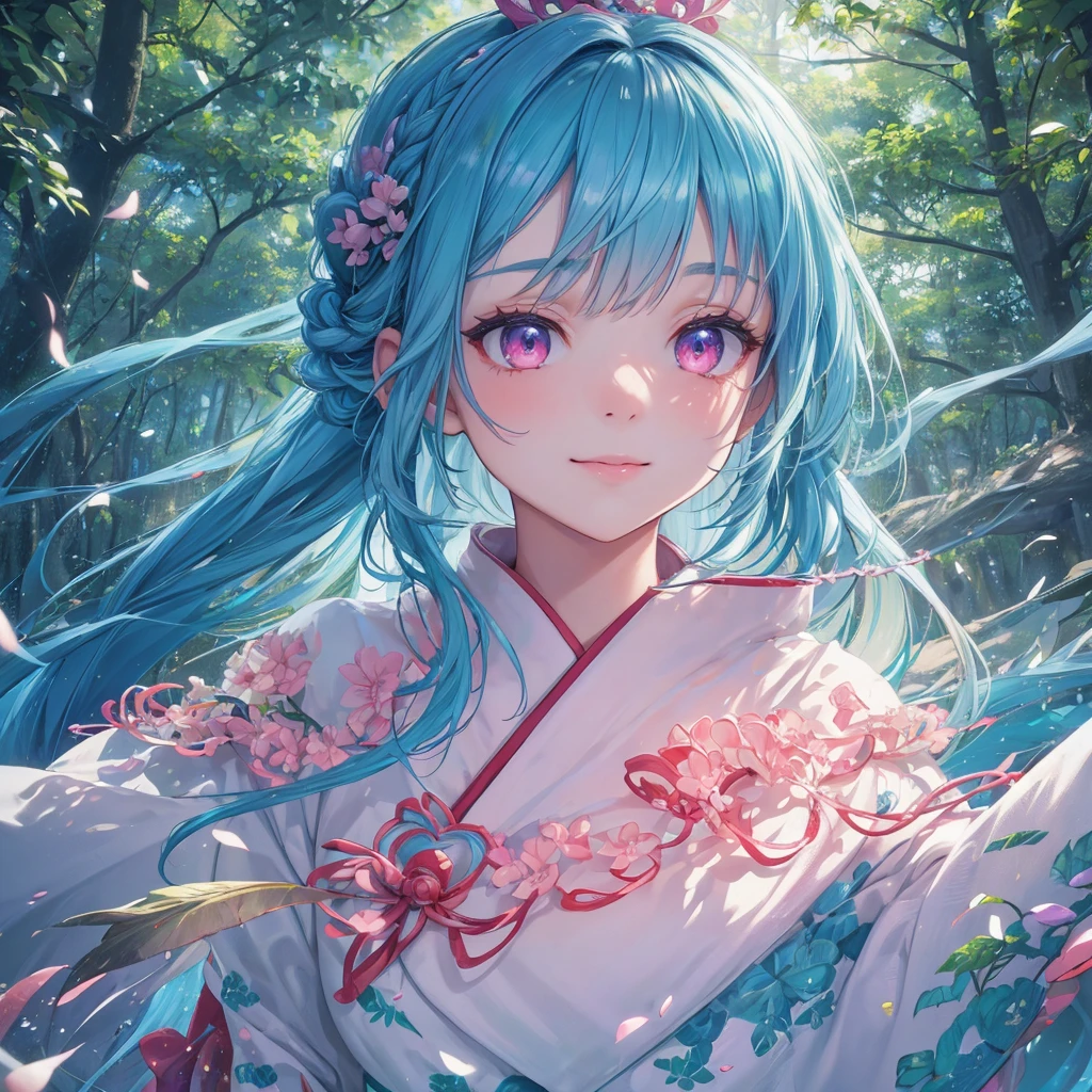 sky Blue hair, (braided ponytail),(pink eyes),fair skin ,(full body),1 girl,smile,white red kimono,Fresh green forest,Forest Goddess,Straight Bangs,(masterpiece, best quality, ultra-detailed, best shadow), (detailed background), (beautiful detailed face), high contrast, (best illumination, an extremely delicate and beautiful), ((cinematic light)), colorful, hyper detail, dramatic light, intricate details,guardian of the forest,Leaf Blizzard,high quality,