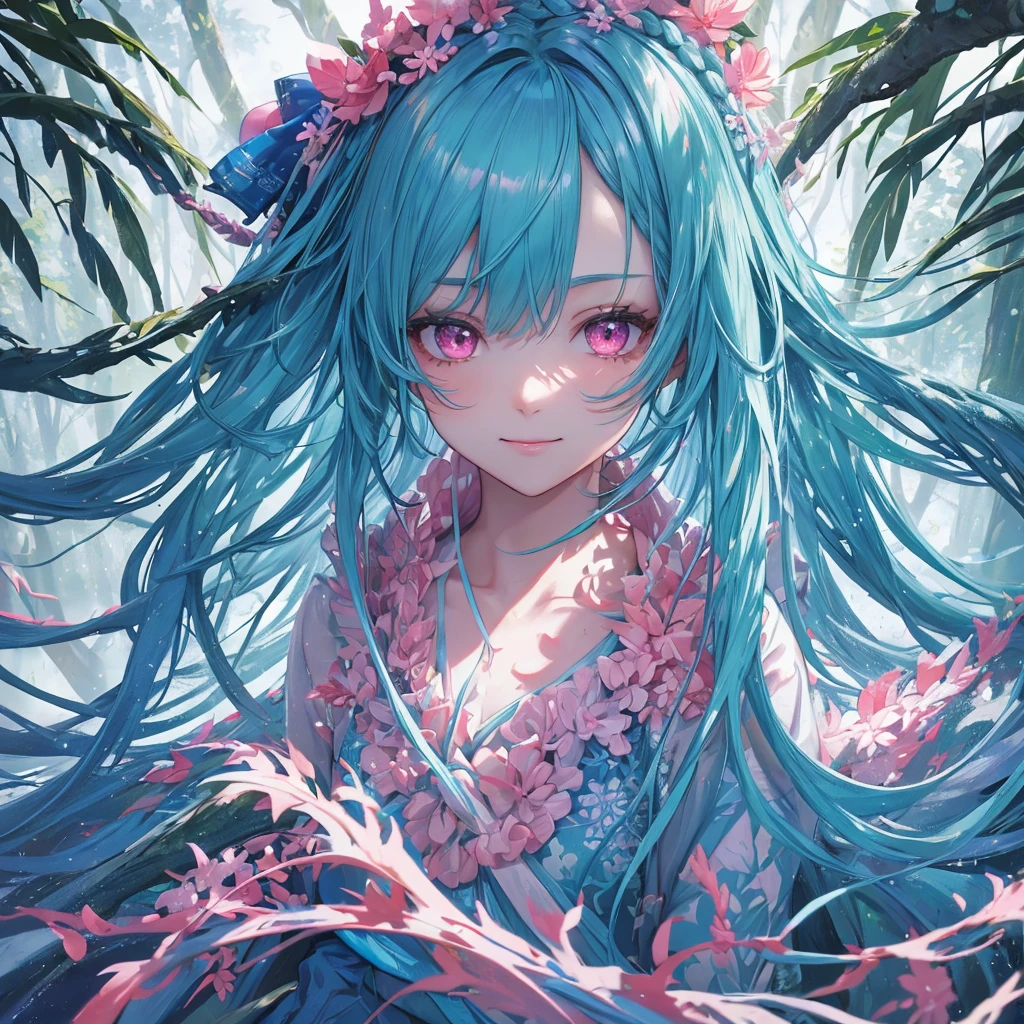 sky Blue hair, (braided ponytail),(pink eyes),fair skin ,(full body),1 girl,smile,white red kimono,Fresh green forest,Forest Goddess,Straight Bangs,(masterpiece, best quality, ultra-detailed, best shadow), (detailed background), (beautiful detailed face), high contrast, (best illumination, an extremely delicate and beautiful), ((cinematic light)), colorful, hyper detail, dramatic light, intricate details,guardian of the forest,Leaf Blizzard,high quality,