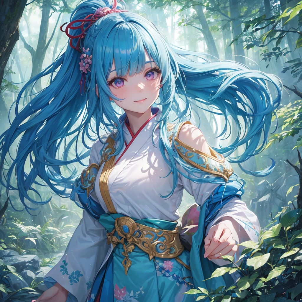 sky Blue hair, (braided ponytail),(pink eyes),fair skin ,(full body),1 girl,smile,white red kimono,Fresh green forest,Forest Goddess,Straight Bangs,(masterpiece, best quality, ultra-detailed, best shadow), (detailed background), (beautiful detailed face), high contrast, (best illumination, an extremely delicate and beautiful), ((cinematic light)), colorful, hyper detail, dramatic light, intricate details,guardian of the forest,Leaf Blizzard,high quality,