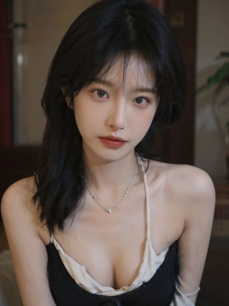 Film portrait photography, 2 girls, Bare shoulders,Lipstick，（flat chest：1.4）， Wear a necklace，Cute expression,Exquisite makeup，Red suspenders，serene, calm, (Realistic and detailed eyes, Natural skin texture, Realistic facial details), Big breasts：1.6，Big Breasts，Soft dramatic lighting, Depth of Field, Bokeh, Vibrant details, Detailed and detailed, Surreal, 35mm film, hazy, ,