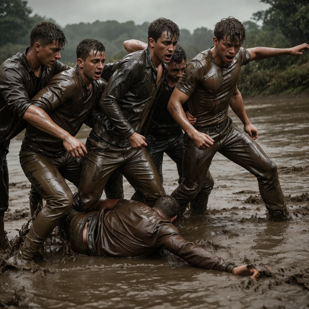 a soaked twenty year old man, a group of soaked twenty year old men, a man pushed into mud, a man in wet clothes, men pushing a man in mud, dynamic action scene, realistic, cinematic, dramatic lighting, highly detailed, photorealistic, 8k, cinematic composition, dramatic lighting, realistic textures, compelling narrative