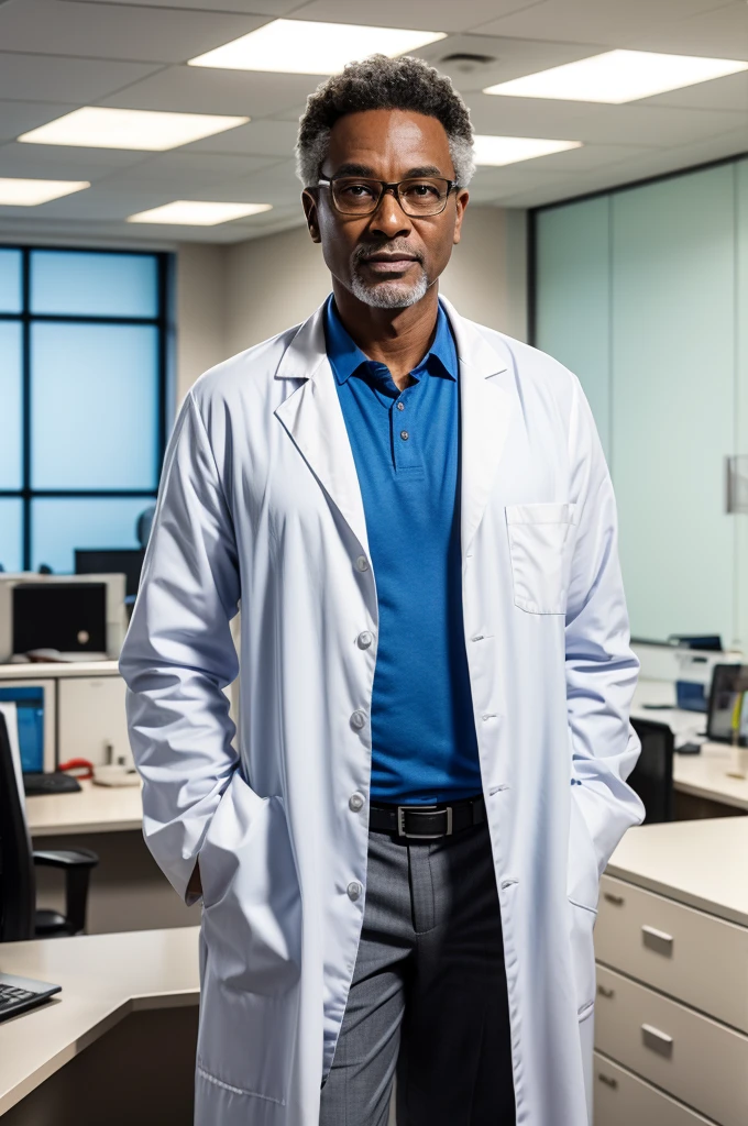 doctor 50 years old, lab coat in your ultra realistic office