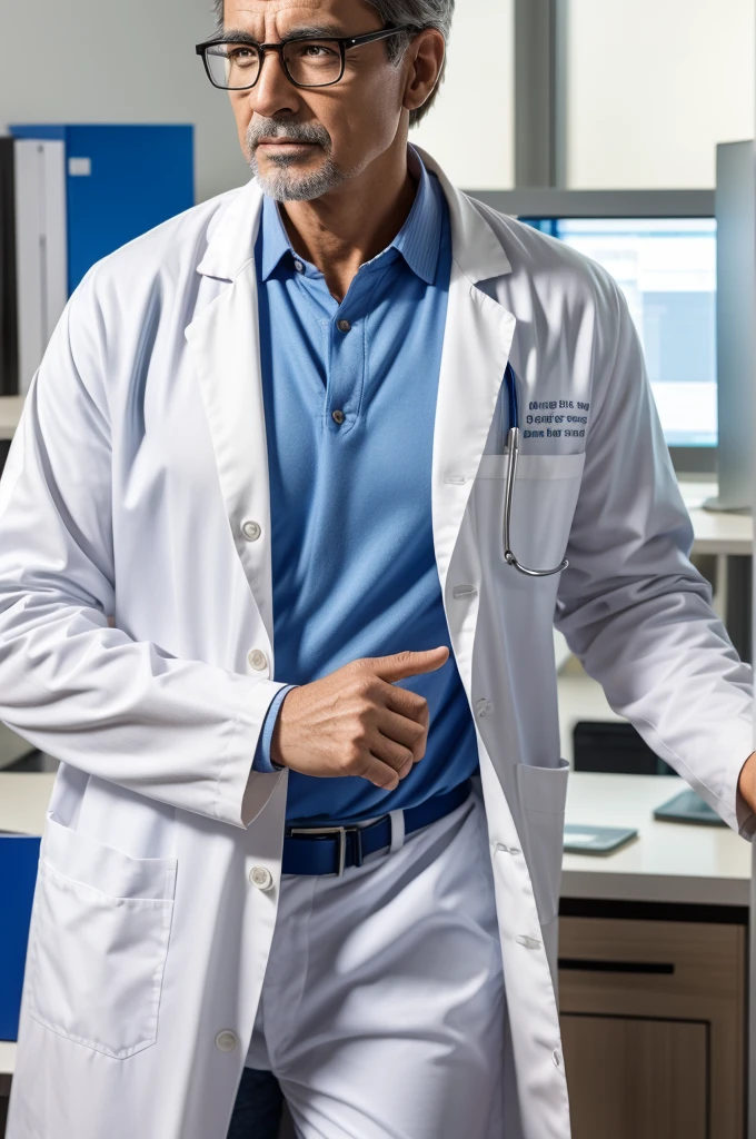 doctor 50 years old, lab coat in your ultra realistic office