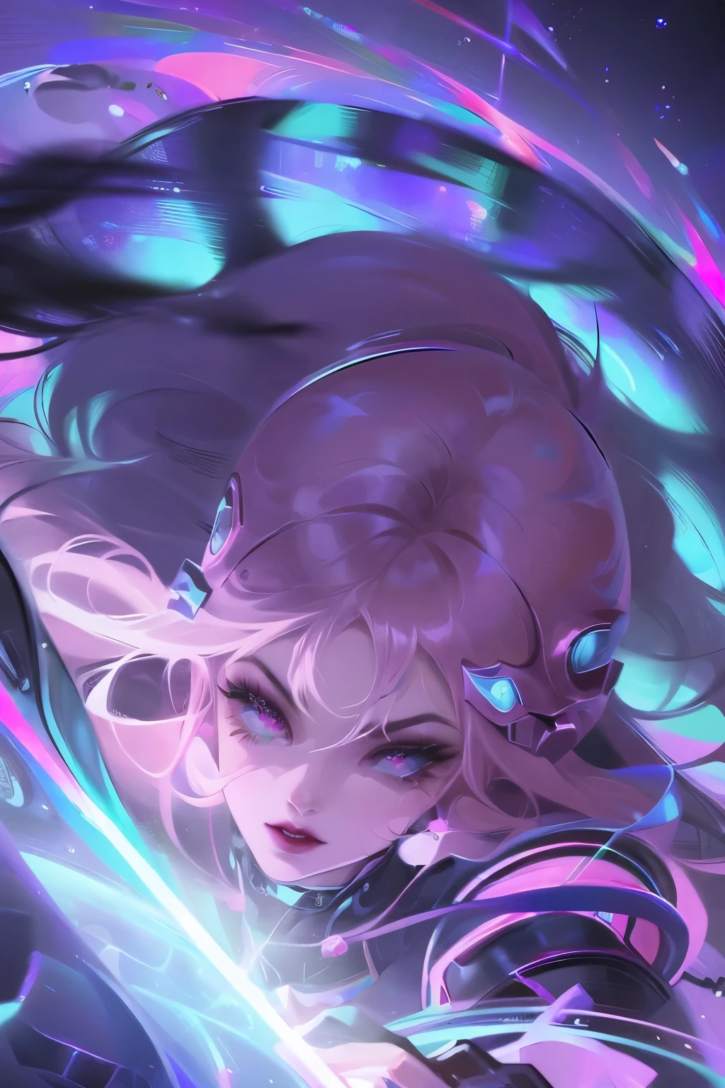 Cyberpunk, Pink Hair, Futurism, Surreal, Ultra wide angle, Wide-angle lens, look up, Dynamic Movement, Expressive, Full of energy, The Sacred Edge, Laser holographic images
