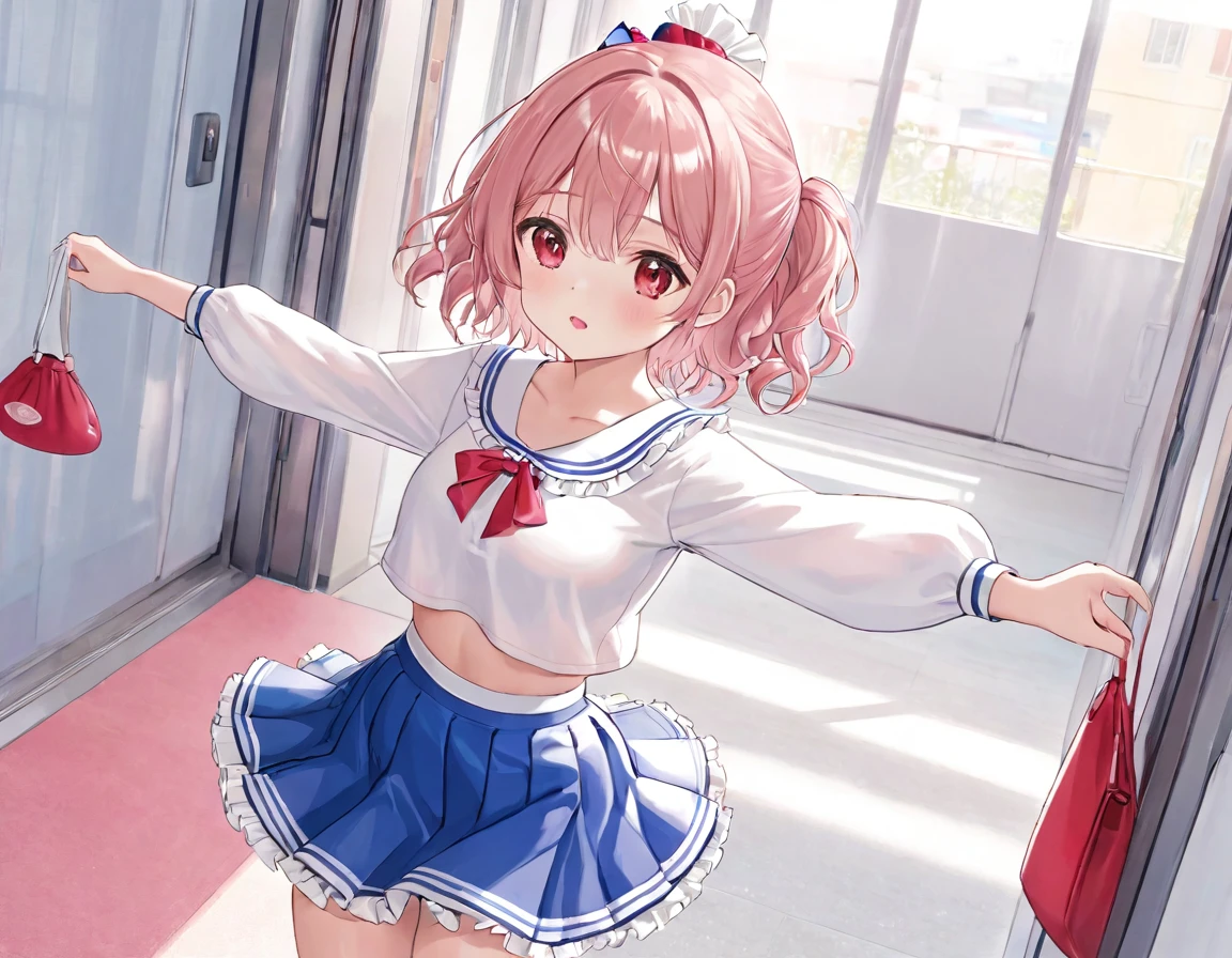 Plain white with emphasis on the chestTshirt、You can see the chest from the neck、Ultramarine and white striped mini skirt、When you lift up her skirt you can see her cute pink frilly underwear...、fluffy, White frilly flared skirt、When she lifted her skirt, She found some cute red frilly underwear、barefoot、
