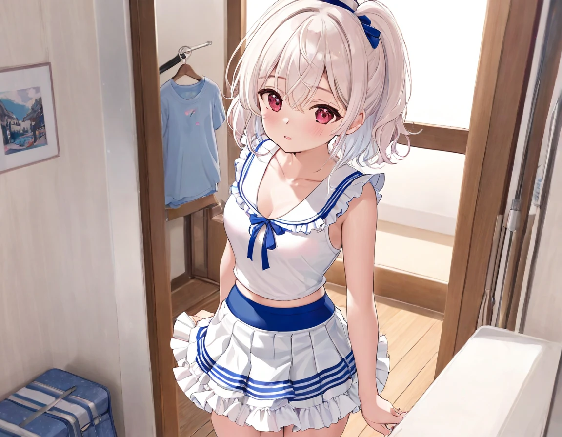 Plain white with emphasis on the chestTshirt、You can see the chest from the neck、Ultramarine and white striped mini skirt、When you lift up her skirt you can see her cute pink frilly underwear...、fluffy, White frilly flared skirt、When she lifted her skirt, She found some cute red frilly underwear、barefoot、