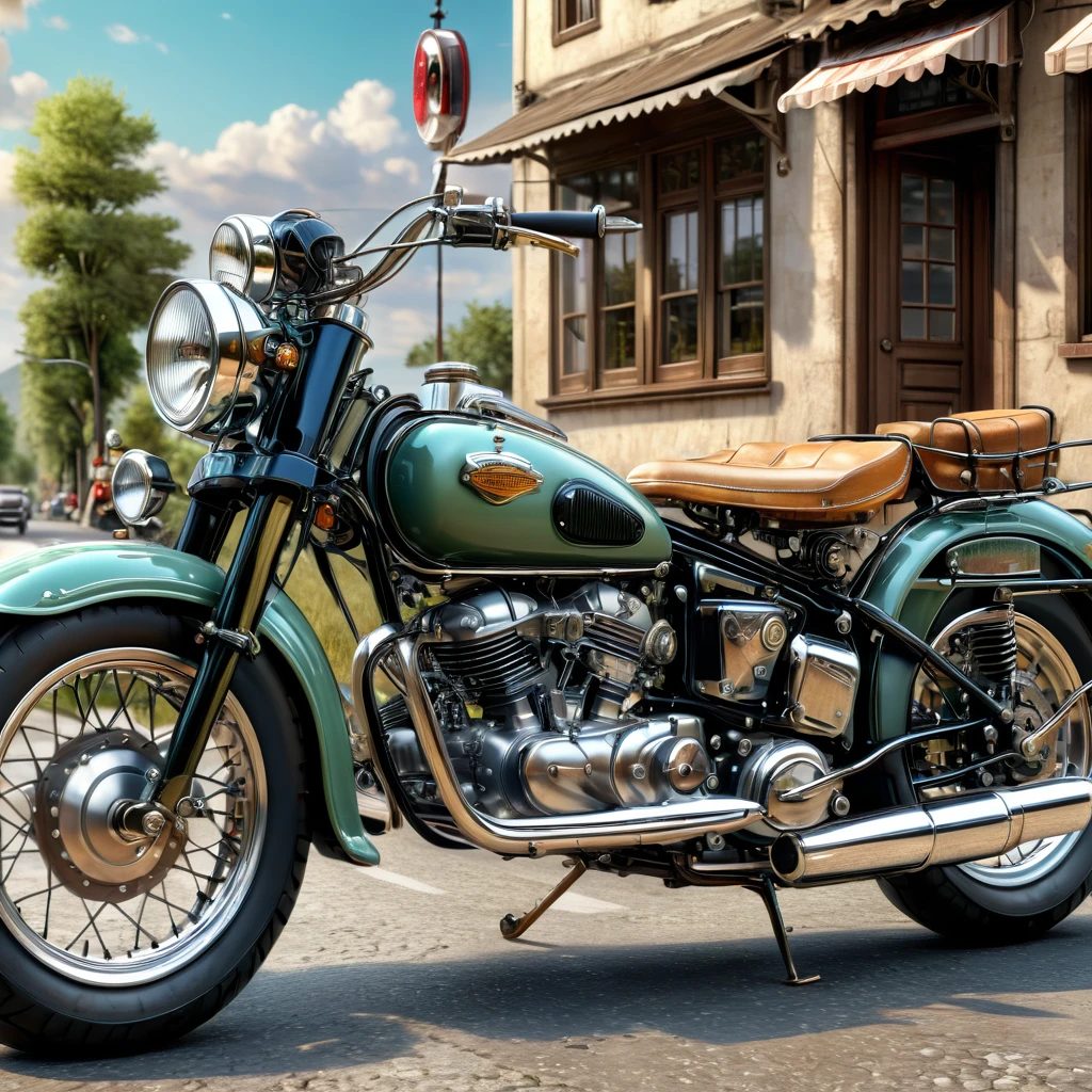 3D Rendering,Vintage motorcycles,masterpiece, Very detailed, Realistic original photos, Best quality, Extremely delicate texture, High-quality works by art masters,Beautiful scenery,Roadside,panoramic