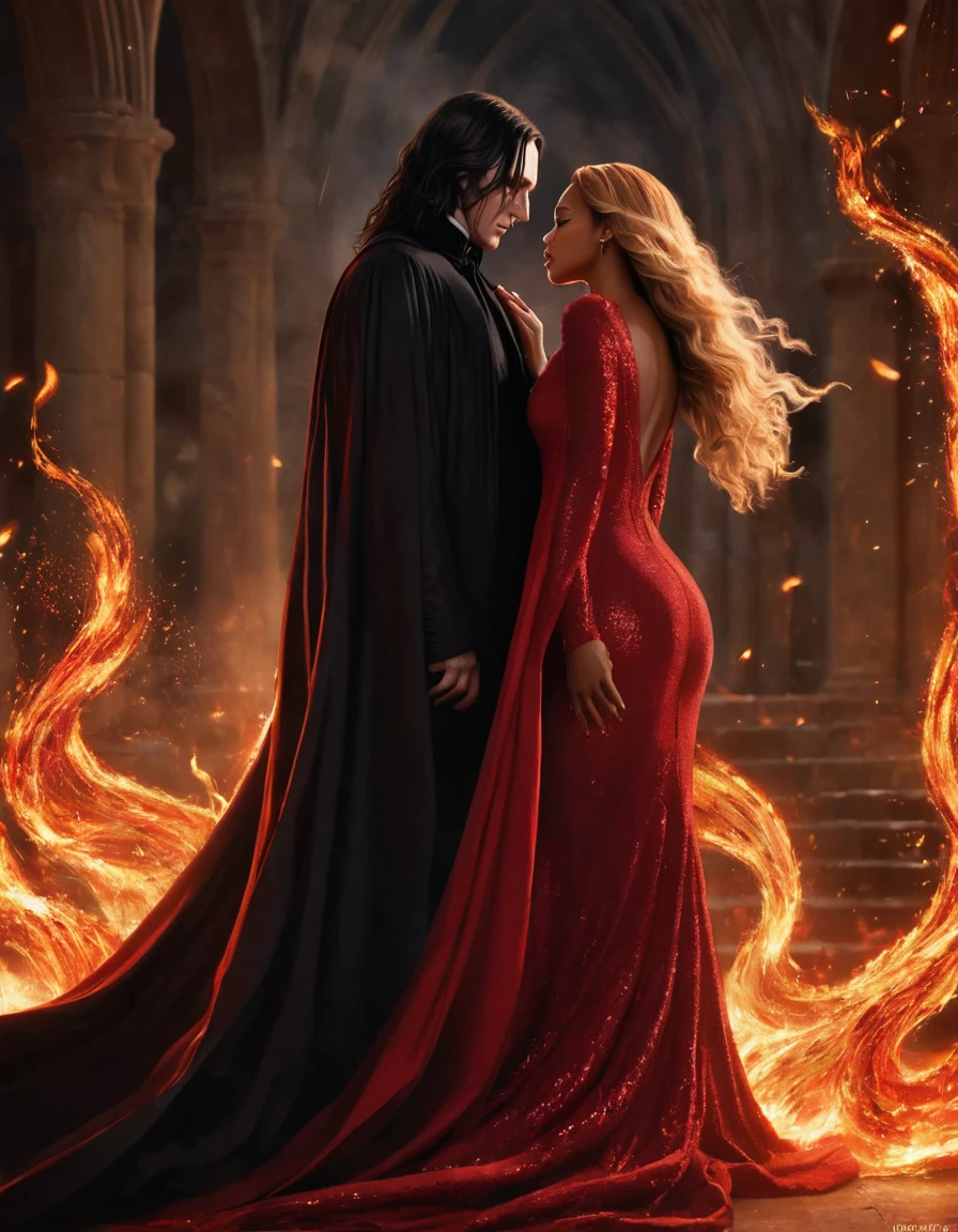 ### Scene: Create an image of two people in love in a setting of mystery and passion.
**Woman's Appearance:**
- Resembles Beyoncé
- Brown skin
- Long, golden blonde curly hair
- Confident and seductive expression
- Wearing a red dress, elegant and form-fitting
- Lips painted a deep, intense red
**Man's Appearance:**
- Resembles Severus Snape
- Pale skin
- Large nose
- Black, straight hair falling around his face in a somber manner
- Serious and intense expression
- Wearing a black cloak, contrasting with the flames around them
**Atmosphere:**
- Surrounded by flames, creating a mystical and fiery ambiance
- Soft lighting highlighting their faces, enhancing the sparkle in their eyes
- Flames adding an element of intensity and mystery to the scene
- They are close to each other, gazing intensely into each other's eyes, exuding a strong emotional connection
